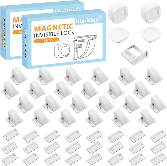 24 Pack Magnetic Cabinet Locks Baby Proofing - Child Safety Cabinet Latch Locks with Adhesive, No Drill or Tools Installation, for Cabinets Drawers Doors