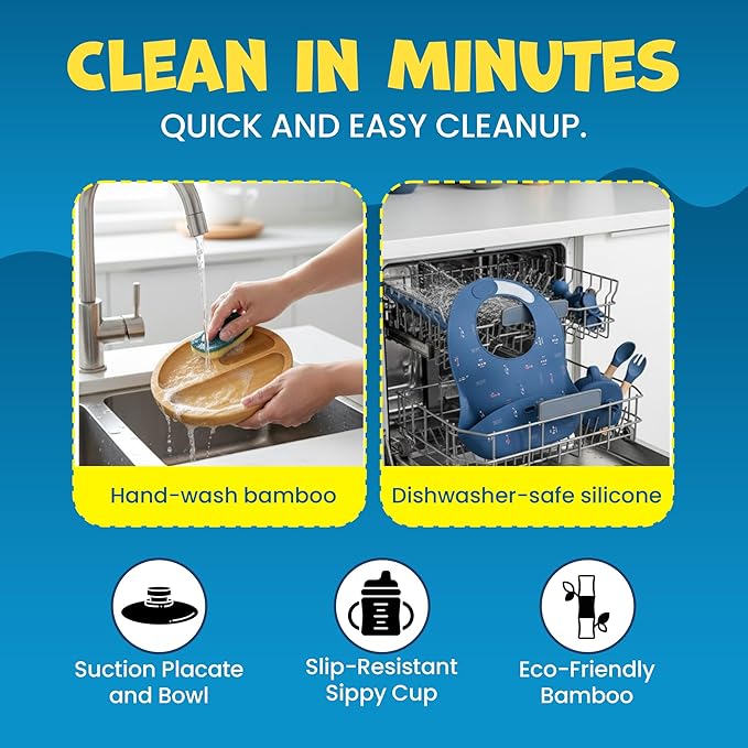 Bamboo & Silicone Baby Feeding Set 8 PCS | Baby Led Weaning Supplies Self Feeding | Divided Suction Plate Bowl Bib Sippy Cup with Straw Utensils Baby Bowls and Spoons Toddler Feeding (Midnight Blue)