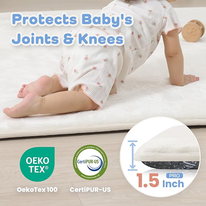 PaPaMat 1.5" Thick Baby Play Mat for Floor, 50x50 Playpen Mat, Pro Soft Flannel Foam Mats Toddler Infant Kids Crawling for Nursery Rug Playroom Living Room Waterproof Easy Care Non-Slip (Cream)