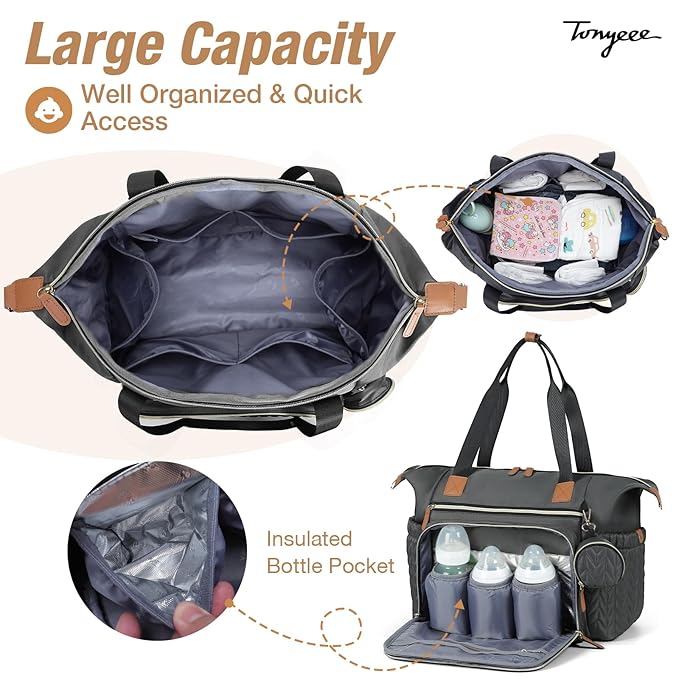 Diaper Bag Tote, Large Baby Diaper Bags Waterproof, Hospital Bag for Labor Delivery with Pacifier Case, Changing Pad, Shoulder Strap, Dark Gray