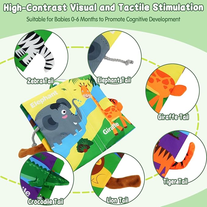 Baby Books Toys 0-12 Months with Teether,Tummy Time Crinkle Sensory Toys,High Contrast Touch & Feel Soft Book, Early Learning Infant Toys,Shower Gift for Boys Girls (Jungle Animal)