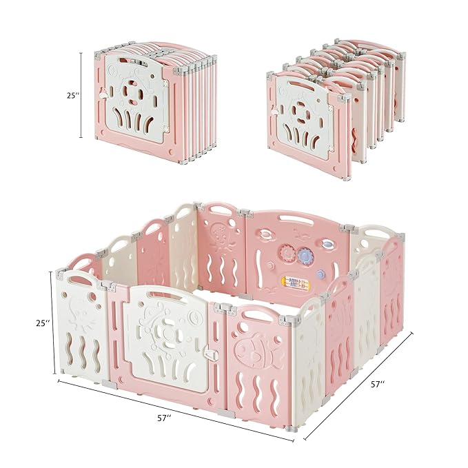 Albott Baby Playpen, Upgraded 14 Panels Foldable Fence with Game Panel and Safety Gate, Adjustable Shape, Portable Play Yards for Children Toddlers Indoor or Outdoors (Pink+White,14 Panel), 1.0 Sq Ft