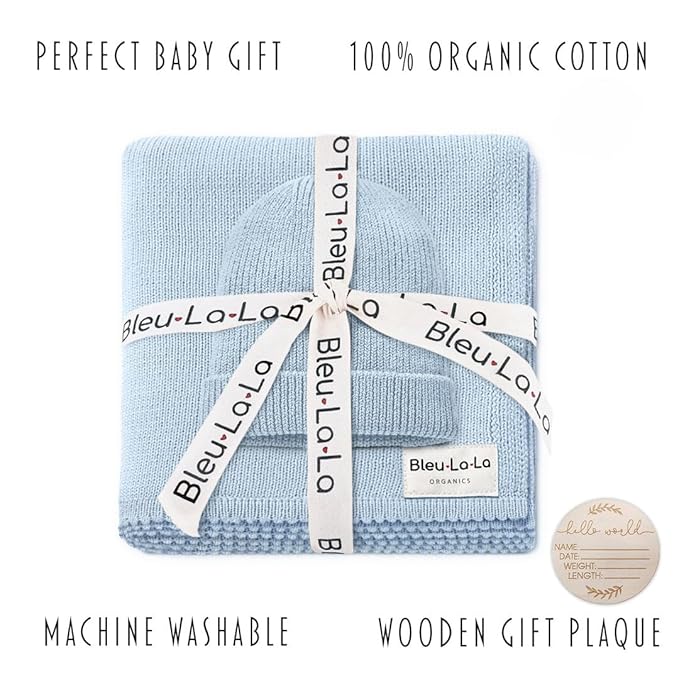 Bleu La La Baby Gift Set - Organic Cotton Newborn Blanket Essentials, Thoughtful Baby Shower & New Baby Gift for Boys & Girls (Luxe - Sky Blue)