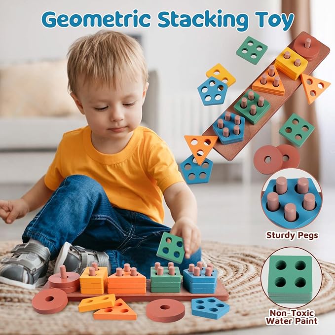 6 in 1 Montessori Baby Toys for 1 Year Old, Toddlers Sensory Teething Toys for Babies, Wooden Stacking Building Blocks Shape Sorter, Xylophone Musical Toy, Educational Birthday Gift for Kids 1 2 3