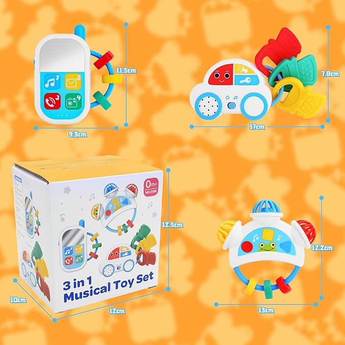Baby Sensory Toys - 3PCS Baby Rattle Teething Toys Kits with Music, Infant Newborn Montessori Toys for Boys Girls 0-18 Months, Toddler Travel Toys Christmas
