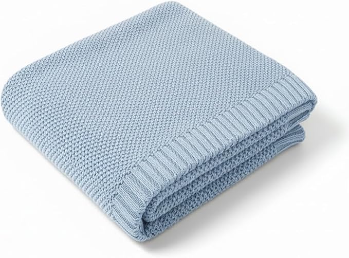 Grewear Baby Knit Blanket Soft Cotton Lightweight Newborn Blanket for Crib Stroller Toddler Nursery Shower Gift Cozy Breathable Travel Swaddle Wrap Baby Blue 30 x 30 Inches