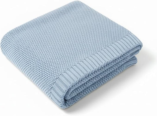Grewear Baby Knit Blanket Soft Cotton Lightweight Newborn Blanket for Crib Stroller Toddler Nursery Shower Gift Cozy Breathable Travel Swaddle Wrap Baby Blue 36 x 28 Inches
