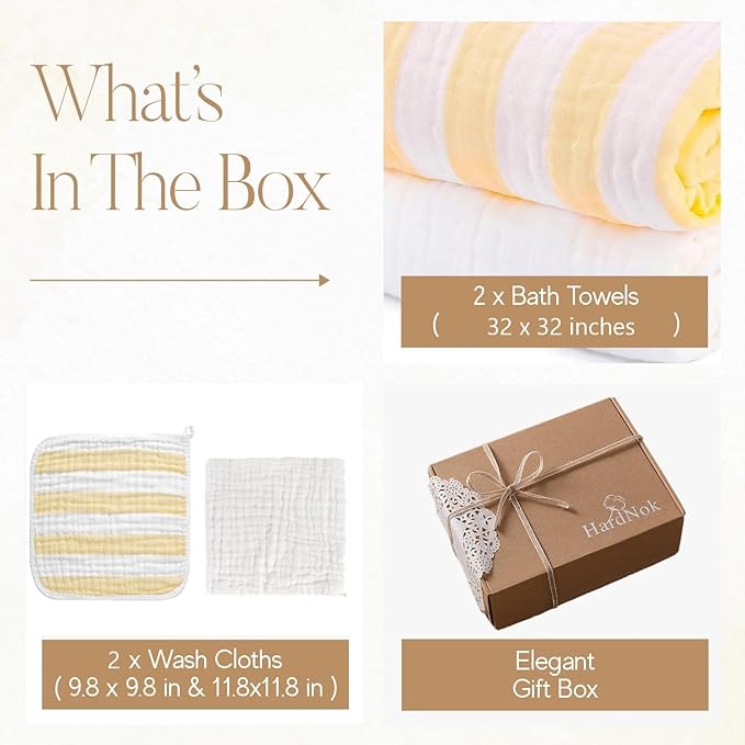 HardNok 4-Pack Muslin Hooded Baby Bath Towel Set - 100% Organic Cotton, (2) 6-Layer 32x32 Towels & (2) Washcloths, Newborn & Infant Gift Set (Yellow Striped & White)