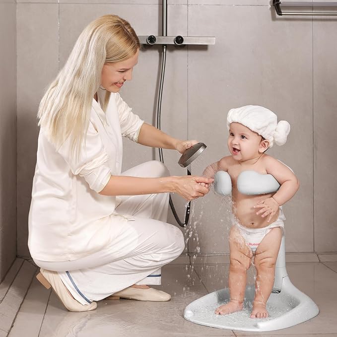 Foldable Baby Shower Stand, Toddler Bath Standing Support with Anti-Slip Base and Shower Holder, Adjustable 5 Levels Height, Ideal Gift for Infants 6-36 Months-Grey