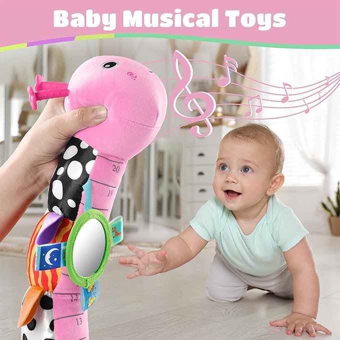 AWOTOY Baby Toys 6-12 Months Music Caterpillar Infant Toys Stuffed Animals 0-3-6 Months Teething Tummy Time Sensory Toys with Mirror Rattle&Pull String for Boys Girls Birthday Gifts|Candy Pink,Leafy