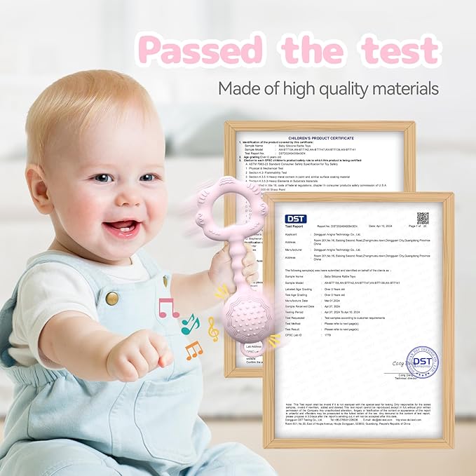 Teething Toys for Babies 6-12 Months, Baby Rattles 0-6 Months, 2-in-1 Rattle and Teether Toy for Soothing Sore Gums and Keeps Little Ones Entertained, Food Grade Silicone, Pink