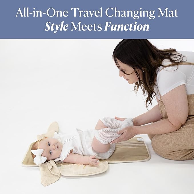 Toddlekind Mini Maven Portable Changing Pad – Organic Cotton & Water-Resistant Polyester – Travel-Friendly, Foldable Change Mat – Tofu Beige Stripes with Wave Stitching – Chic, Durable, Easy to Clean