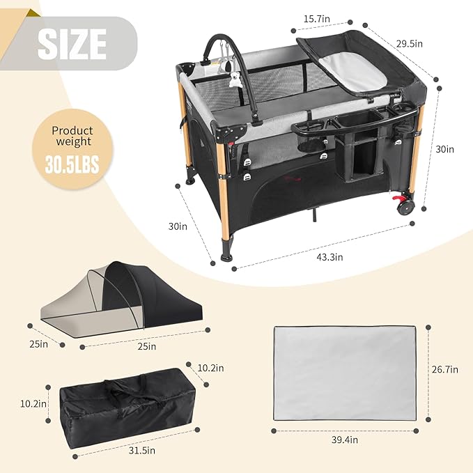Baby Bassinet 5 in 1 Pack and Play,Baby Crib Adjustable Beside Sleeper One-Second &One-Hand Setup,Portable Playard Foldable Playpen for Newborn,Babies and Toddlers with Changing Table,Mattress (Black)