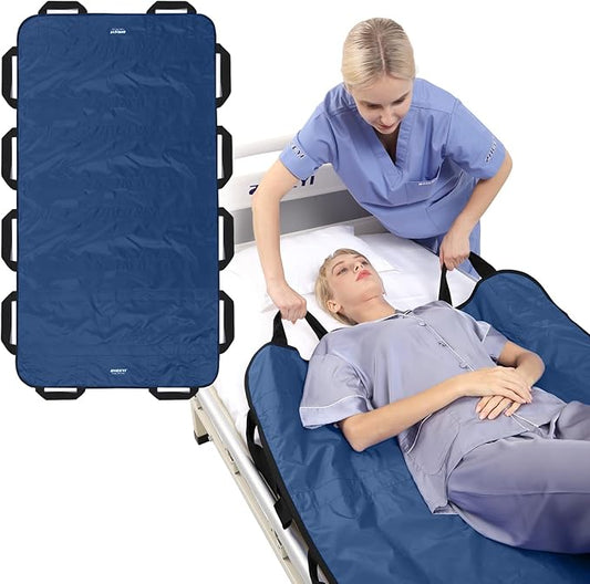 ZHEEYI Bed Positioning Pad with Reinforced Handles 63" x 40" Washable Patient Transfer Slide Sheet for Body Lifting, Turning, Repositioning, for Elderly, Incontinence, Caregiver, Navy Blue