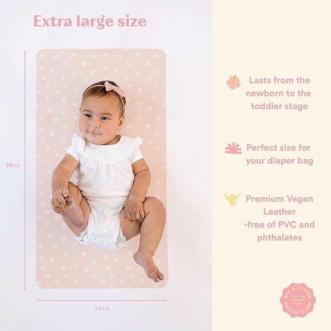 Ava + Oliver Vegan Leather Baby Changing Mat (16 X 30 in) - Multipurpose Wipeable and Portable Diaper Changing Pad - Foldable for Travel (Pink Daisies)