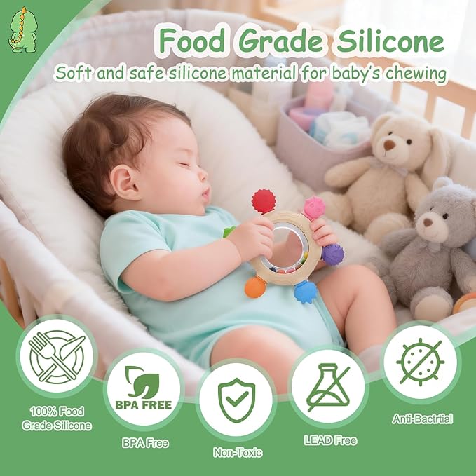 Baby Teething Ring Toys [Original] - Silicone Rattle Teethers for Babies, Dinosaur Baby Teether Chew Toys Teething Relief, Stuff Essentials and Gifts for Toddler Infant Boys Girls 3+ Months