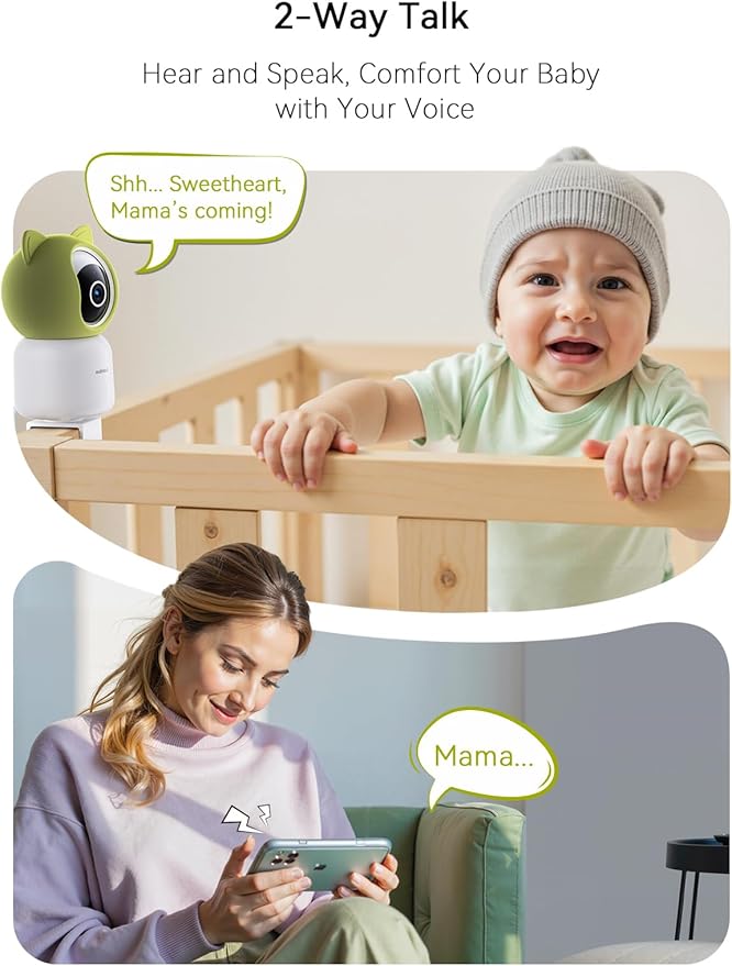 Outinput Baby Monitor with Camera and Audio, 2K 4MP Indoor Security Camera for Home, 360° PTZ, AI Crying & Feeding Alerts, Night Vision with Gentle Light, Soothing Lullabies, 2-Way Audio