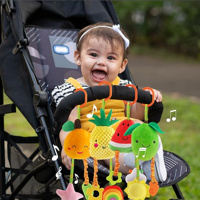 KAKIBLIN Baby Hanging Rattle Toys, 4 Pack Car Seat Stroller Toys Soft Squeaky Toy for Baby Newborn Infant Car Crib Travel Activity with Teether for Boys Girls, Toys for 0 3 6 9 12 Months, Fruits-A