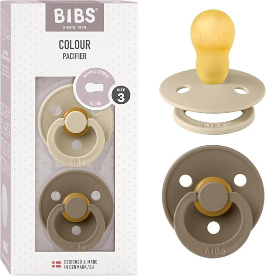 Bibs Pacifiers Color Collection, Set of 2 BPA-Free Latex Pacifiers Made in Europe, Round Nipple Baby Pacifier.