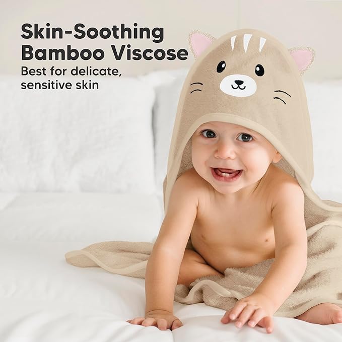 KeaBabies Hooded Baby Towel for Newborn - Viscose Derived from Bamboo Large Baby Bath Towels with Hood for Boys, Girls, Toddler, Extra Absorbent & Soft Newborn Bath Essentials (Cat, Petite)