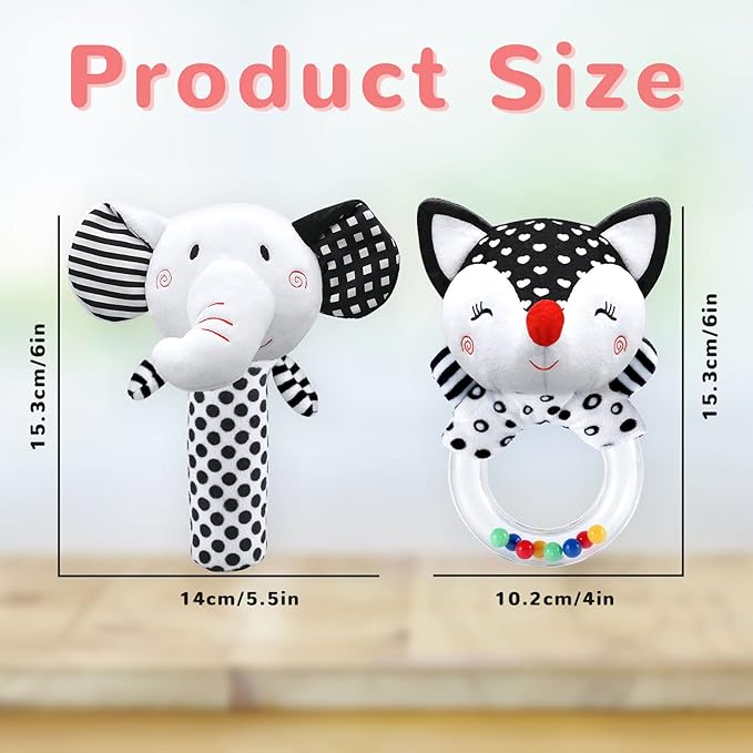 Baby Rattles & Toys - 0-3 Months, High Contrast Black & White Plush Stuffed Toys for Infants