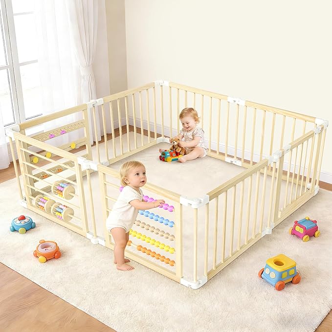 OMZER 67x67 Inch Wooden Baby Playpen - Foldable Baby Gate Playpen for Babies and Toddlers - Indoor & Outdoor Portable Play Fence Area Wood Enclosure - Adjustable Extra Large Play Yard Pen for Kids
