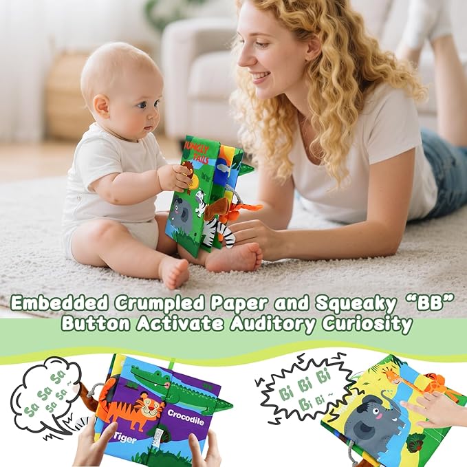 Baby Books Toys 0-12 Months with Teether,Tummy Time Crinkle Sensory Toys,High Contrast Touch & Feel Soft Book, Early Learning Infant Toys,Shower Gift for Boys Girls (Jungle Animal)