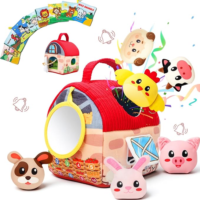 Baby Toys 6-12 Months, Surprise Barn Stuffed Farm Animals with Cloth Books, Rattle, Crinkle, Montessori Sensory Toys for 1-3 Old Infants, Plush Gifts for Boys Girls Valentines Day Birthday Easter