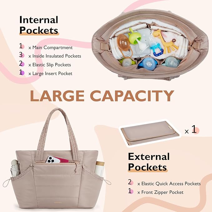 mommore Diaper Bag Tote with Stroller Organizer Puffer Bag Large Capacity Baby Bag with Changing Pad for Travel, Hospital