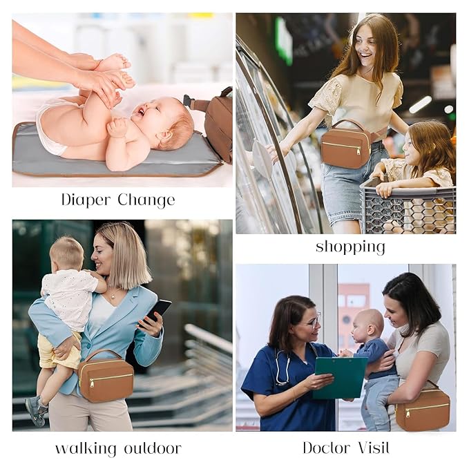 printe Small Diaper Bag with Portable Changing Pad, Crossbody Women Waist Bag with Wipes Pocket for Travel, Stroller Diaper Fanny Pack, Brown