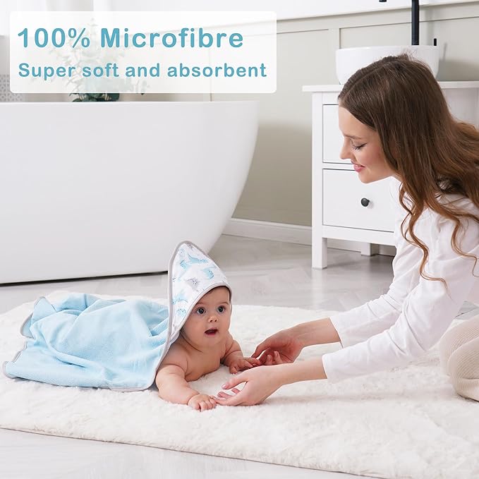 Viviland Baby Towels and Baby Wash Cloths Set Hooded Baby Towels Baby Wipes Absorbent Bath Face Towels Burp Cloths or Face Towels for Girl Boy 6-Pack Size 28 x 28 Inch(Dinosaur)