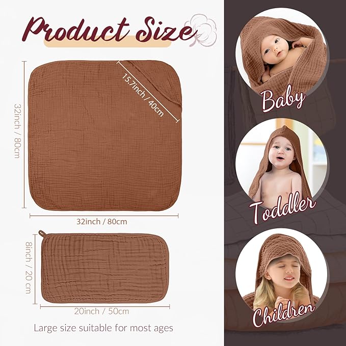 VitalCozy 12 Pcs Baby Muslin Hooded Bath Towels and Washcloths Muslin Cotton Hooded Baby Towels Absorbent Blankets for Gift Newborn Infant Shower (32 x 32 Inch,Multicolor)