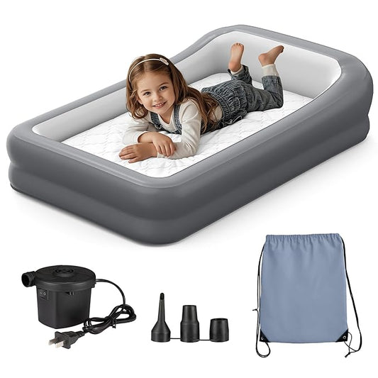 GloTika Inflatable Toddler Travel Bed, Portable Kids Air Mattress with Soft Bed Sheet, Toddler Air Mattress with Surround Safety Bumpers, Ideal for Home Use or Travel, Includes Pump and Carry Bag