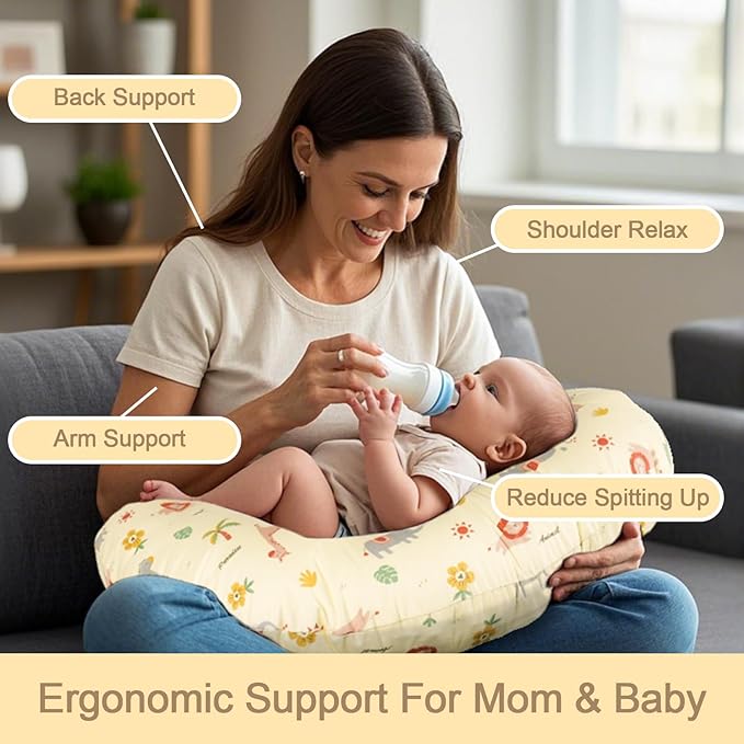 x-vesolje Nursing Pillow, Breastfeeding Pillow with Removable Cover, Ergonomic Breast Feeding Pillow, Baby Feeding Pillow for Mom Easier Breastfeeding- Original Size/Animal Yellow