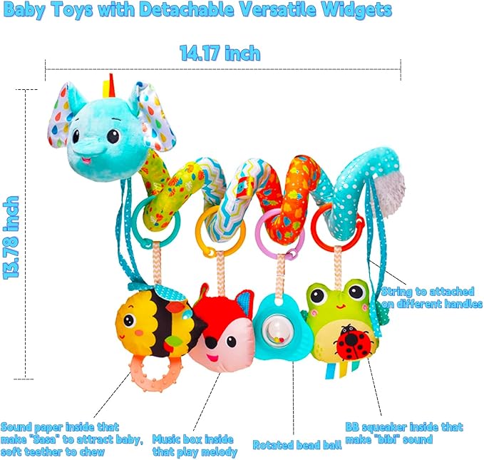 BATOHO Car Seat Toys for Babies 0-6 Months, Hanging Spiral Activity Stroller Toy for Infants 3-6 Months, Developmental Toy for Newborn 0 3 6 12 Month with Music Box Rattle Squeaker- Blue Elephant