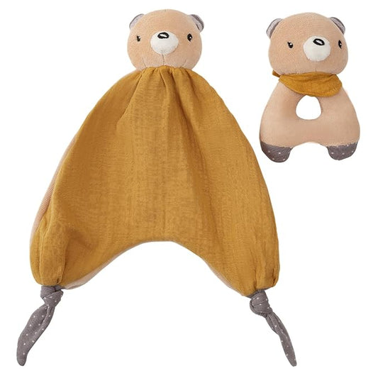CUDDLE CORNER Organic Cotton Stuffed Animal Rattle Baby Toys, Plush Bear Cuddle Cloth and Hand Grip Ring Rattles Plush Toy Set for Newborns Infant Boys Girls, 2 PCS