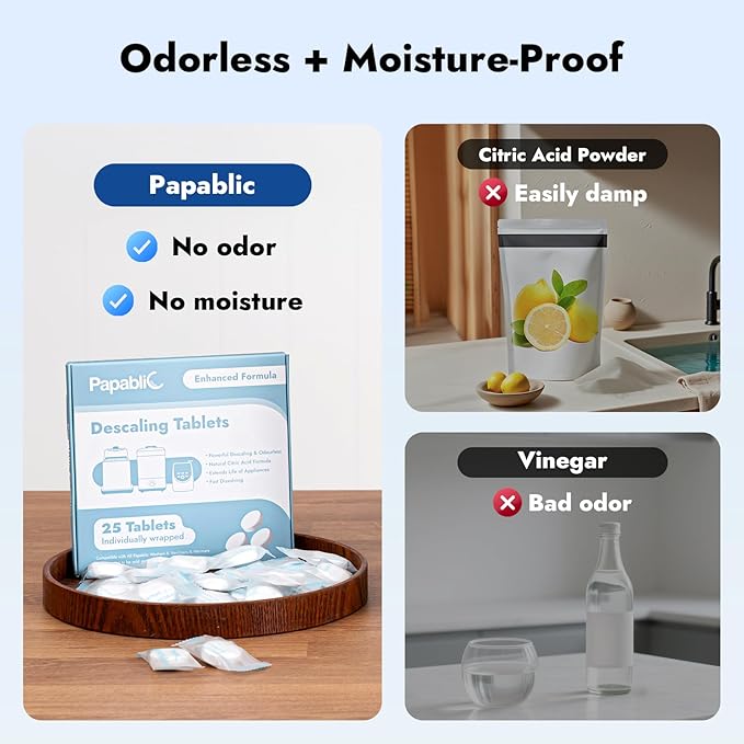 Papablic Descaling Tablets, 25 Count – Compatible with Baby Brezza, Momcozy, Papablic Bottle Washer, Warmer, Sterilizer & Formula Maker – Removes Milk & Limescale for Better Performance