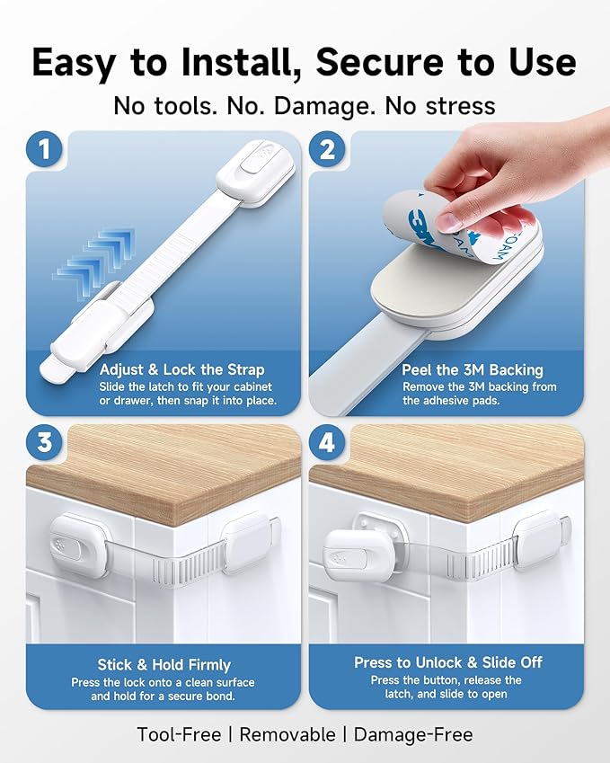 Infinno 12 Pack Cabinet Locks Baby Proofing Heavy Duty - Child Safety Cabinet Locks for Drawers, Cupboards & Fridge – No Drill 3M Adhesive Locks for Pets - Toddler Safety Latches