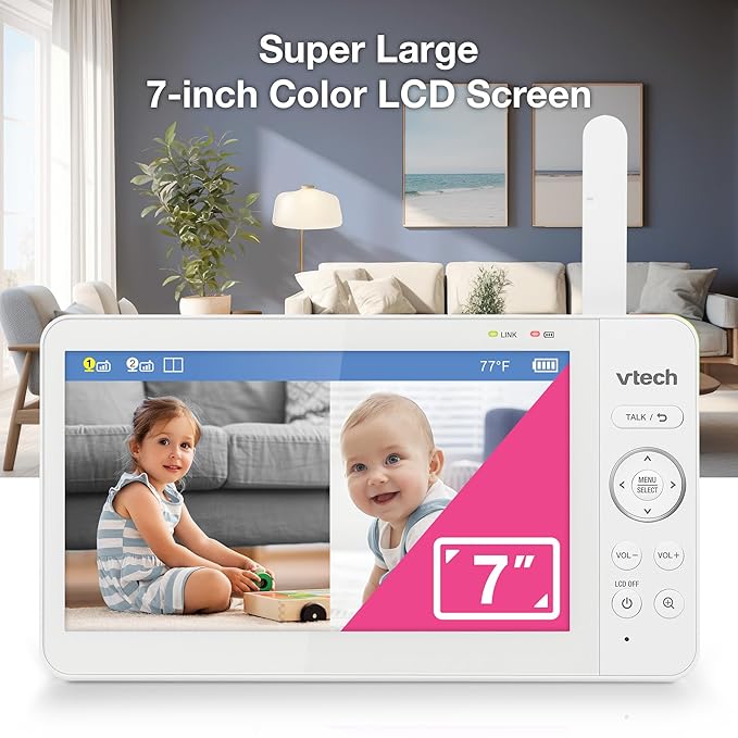 VTech 2-Cameras Video Baby Monitor with 7" Color LCD Screen, Rechargeable Battery, Video and Audio Streaming, Pan-Tilt-Zoom, Touch Multi-Color Night Light, Two-Way Talk: Advanced Max Twin (Blue)