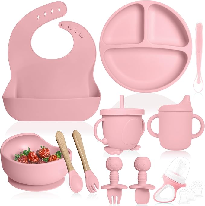 Bluet B- Silicone Baby Feeding Set With Pacifier - Led Weaning Supplies - Spoons, Suction Bowl, Plate - Utensils for First Foods - 11pcs - Pink