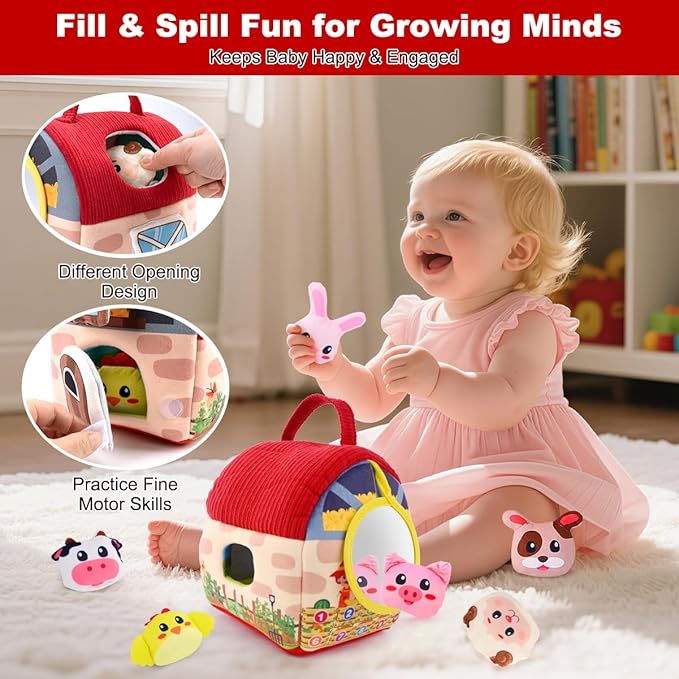 Easter Baby Toys 6–12 Months, Montessori Sensory Farm Barn with Plush Animals, Rattles, Crinkle Paper & Mirror – First Birthday Gift, Easter Basket Stuffer for Babies