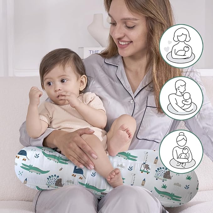Little Grape Land Nursing Pillow, Upgraded Breastfeeding Pillow for Mom, Breastfeeding Bottle Feeding for 0–16 Months, Machine Washable Cover with Firm Breathable Filling for Tummy Time, Alligator