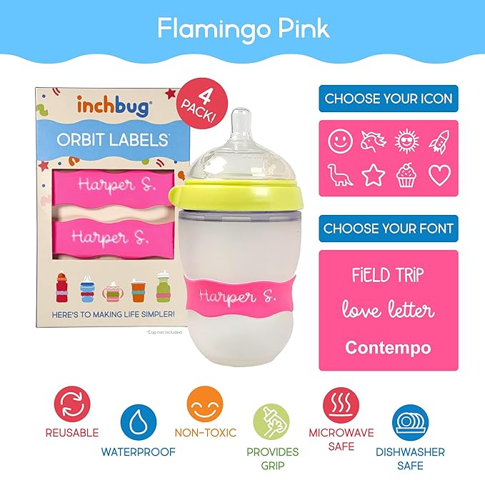 InchBug Orbit Labels Baby Bottle and Water Bottle Silicone Name Bands – Personalized Reusable Label Set for Daycare, Sippy Cups, Preschool, Elementary School, Dishwasher Safe, 4-Pack (Flamingo Pink)