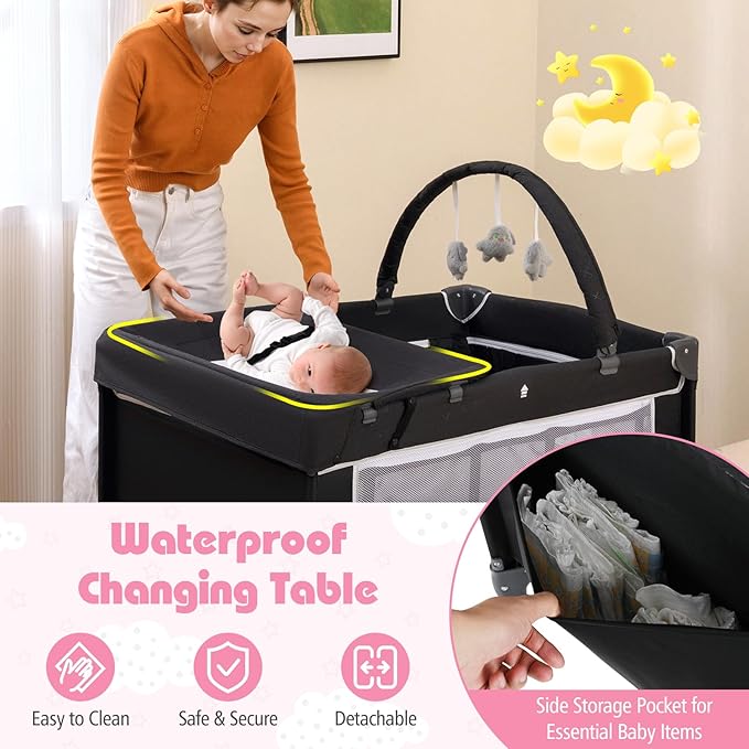 HONEY JOY Pack and Play, 4 in 1 Folding Infant Playpen with Bassinet, Quickly Assembled, Breathable Mesh Fabric, Carry Bag, Diaper Changing Table, Toys, Portable Crib for Babies & Toddlers (Black)