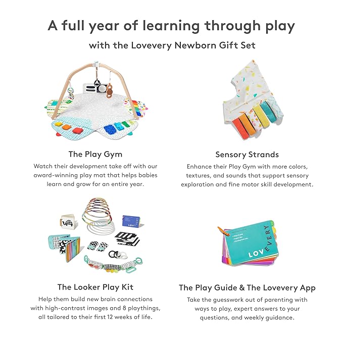 LOVEVERY, The Newborn Gift Set, Play Gym with Sensory Strands and Looker Play Kit, Baby Development Essentials, Ages 0+