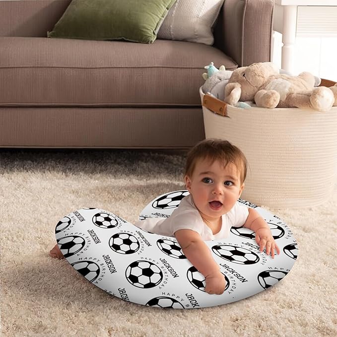 Rucekia Baby Nursing Pillow Cover - Personalized Name White Soccer Theme Breastfeeding U-Shaped for Bottle Feeding, Ultra Soft Comfortable Breastfeeding Pillow Cover for Infant Baby Boys and Girls