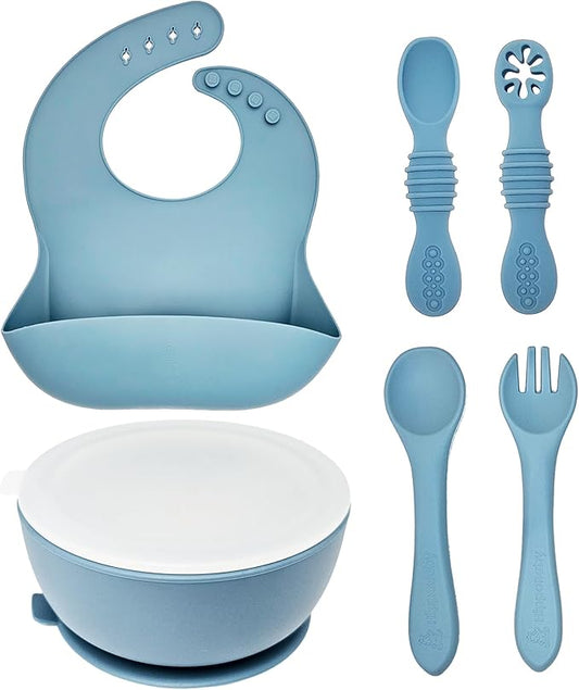 HippoBaby 6 Piece Baby Bowls With Suction and Lids | Toddler Bowl Set with 1 Bowl, 1 Bib, 2 Baby Spoons, 1 Large Spoon, 1 Large Fork, Baby Feeding Essentials (1, Light Blue)