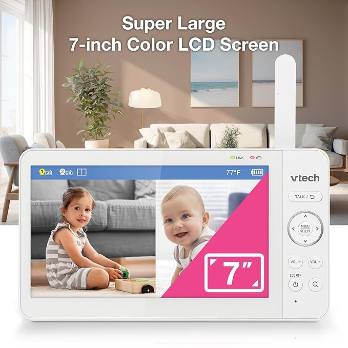 VTech 2-Cameras Video Baby Monitor with 7" Color LCD Screen, Rechargeable Battery, Video and Audio Streaming, Pan-Tilt-Zoom, Touch Multi-Color Night Light, Two-Way Talk: Advanced Max Twin (Tan)
