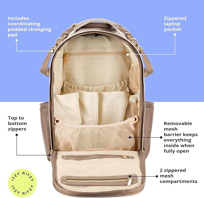 Itzy Ritzy Diaper Bag Backpack – Large Capacity Boss Plus Baby Backpack Diaper Bag Featuring 19 Pockets, Changing Pad, Stroller Clips, and Comfortable Straps (Vanilla Latte)