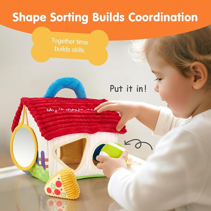 hahaland Baby Montessori Toys for 1 + Year Old – Puppy Plush Sensory Toy Set with Rattle, Crinkle, Mirror & Shape Sorter – Interactive Learning Pretend Play for Toddlers 1-3